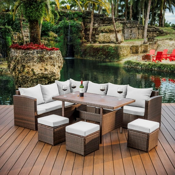 Hearth & Harbor 7 Piece Outdoor Furniture Set, Wicker Outdoor Sectional Dining Set with 10 Seats and Patio Table, Brown with Off-white Cushions