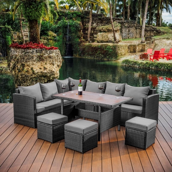 Hearth & Harbor 7 Piece Outdoor Furniture Set, Wicker Outdoor Sectional Dining Set with 10 Seats and Patio Table, Gray with Gray Cushions