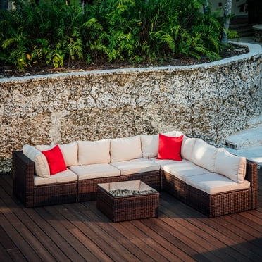 Hearth & Harbor 7-Piece Outdoor Patio Furniture Set, Wicker Sectional Sofa Patio Conversation Set, Brown/Beige