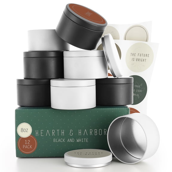 Hearth & Harbor 8 Oz, 12 Pack Black and White DIY Candle Containers with Lids - Tin Candle Jars for Making Candles - Metal Candle Jars - Bulk Tins Storage for Candle - Solid