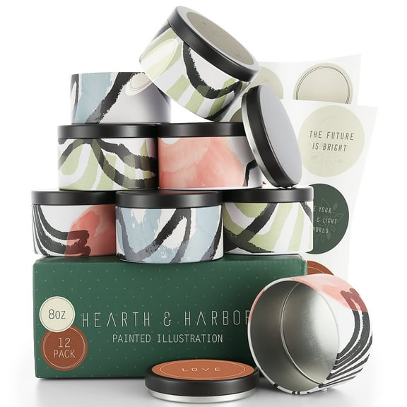 Hearth & Harbor 8 Oz, 12 Pack Painted Illustration DIY Candle Containers with Lids - Tin Candle Jars for Making Candles - Metal Candle Jars - Bulk Tins Storage for Candle