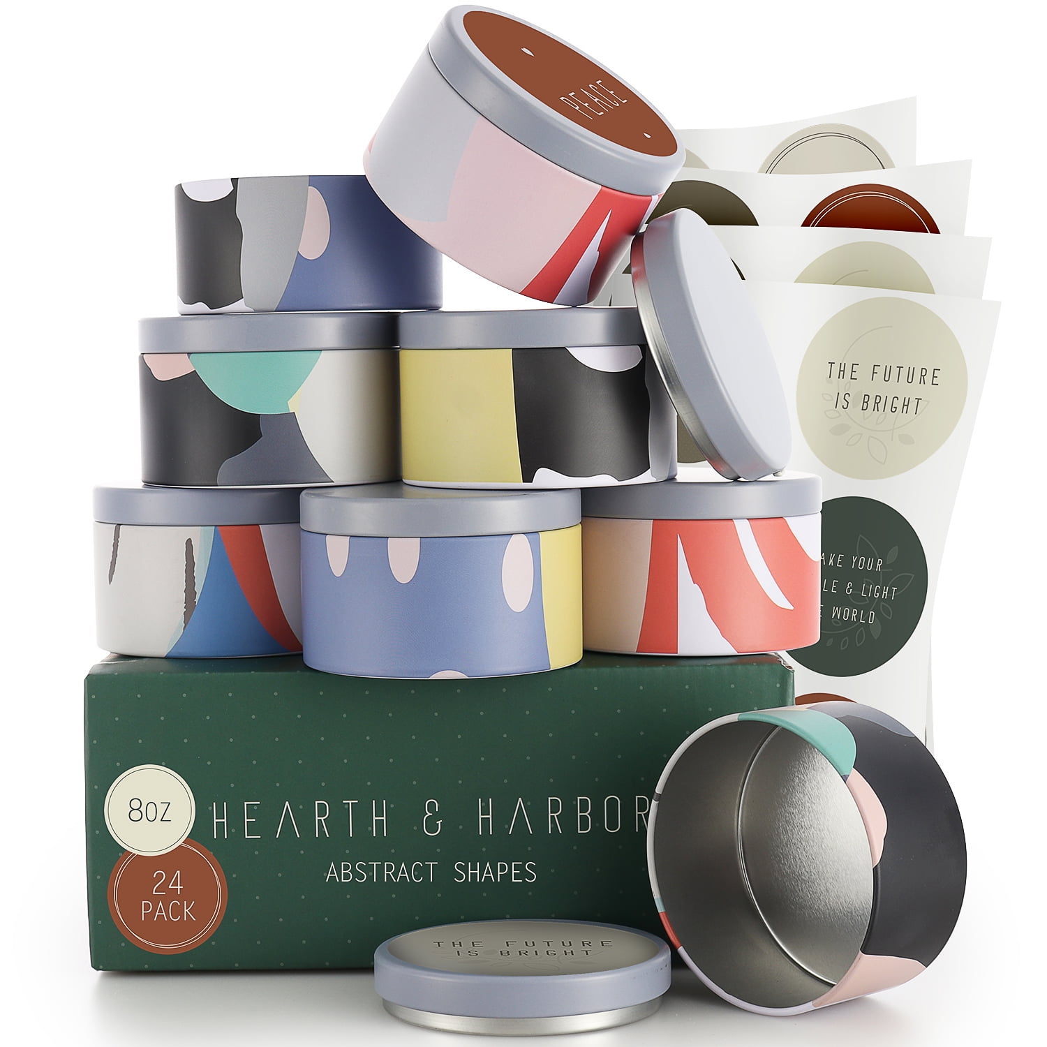 Hearth & Harbor 8 Oz, 24 Pack Abstract Shapes DIY Candle Containers with Lids - Tin Candle Jars for Making Candles - Metal Candle Jars - Bulk Tins Storage for Candle