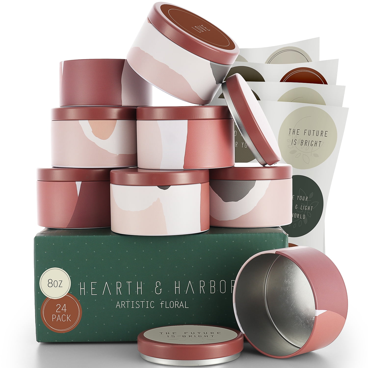 Hearth & Harbor 8 Oz, 24 Pack Artistic Floral DIY Candle Containers with Lids - Tin Candle Jars for Making Candles - Metal Candle Jars - Bulk Tins Storage for Candle