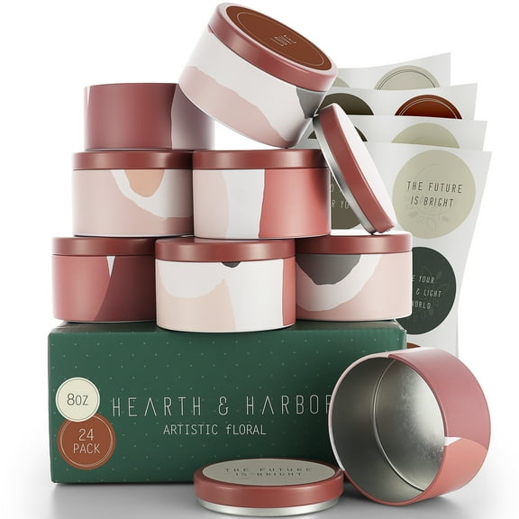 Hearth & Harbor 8 Oz, 24 Pack Artistic Floral DIY Candle Containers with Lids - Tin Candle Jars for Making Candles - Metal Candle Jars - Bulk Tins Storage for Candle