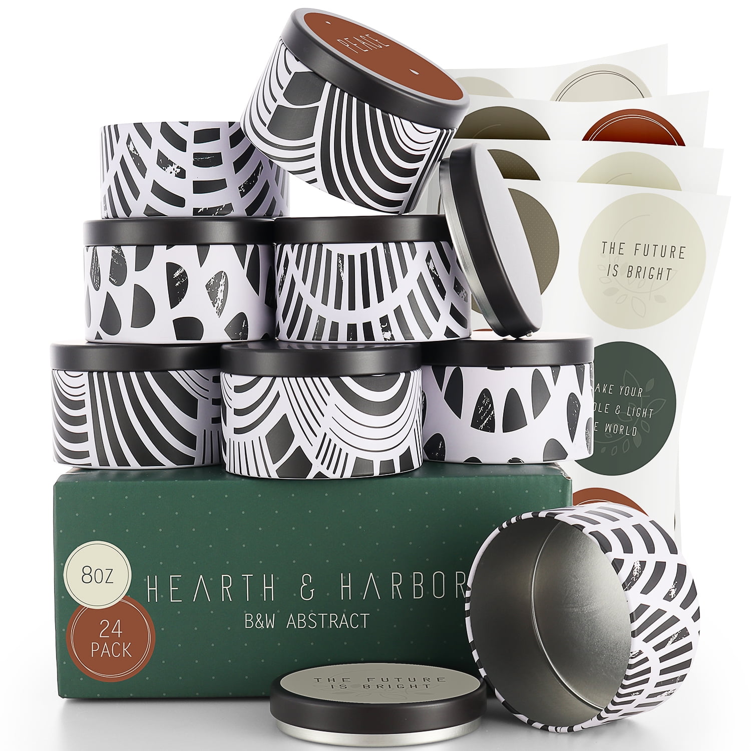 Hearth & Harbor 8 Oz, 24 Pack Black And White Abstract DIY Candle Containers with Lids - Tin Candle Jars for Making Candles - Metal Candle Jars - Bulk Tins Storage for Candle