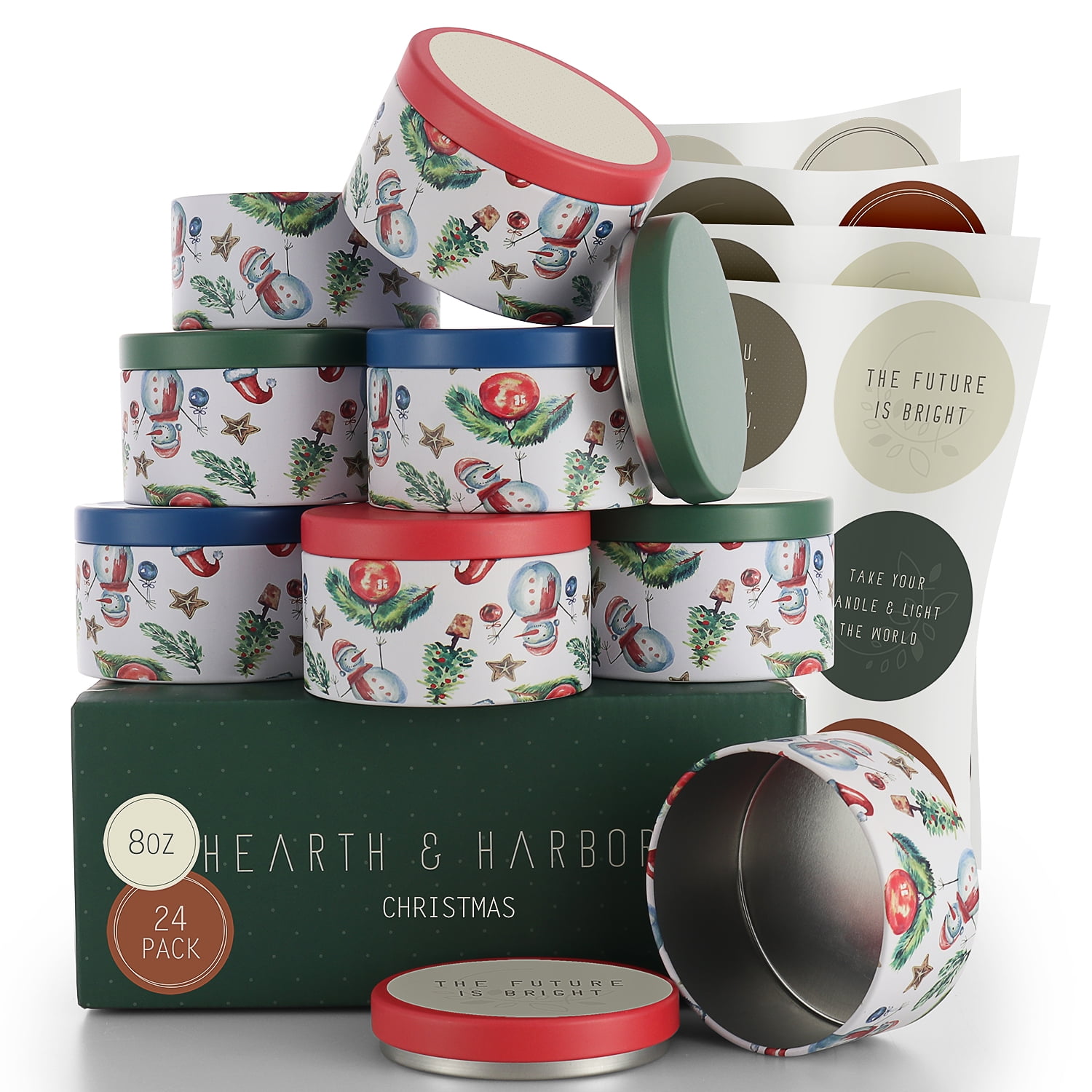 Hearth & Harbor 8 Oz, 24 Pack Christmas DIY Candle Containers with Lids - Tin Candle Jars for Making Candles - Metal Candle Jars - Bulk Tins Storage for Candle