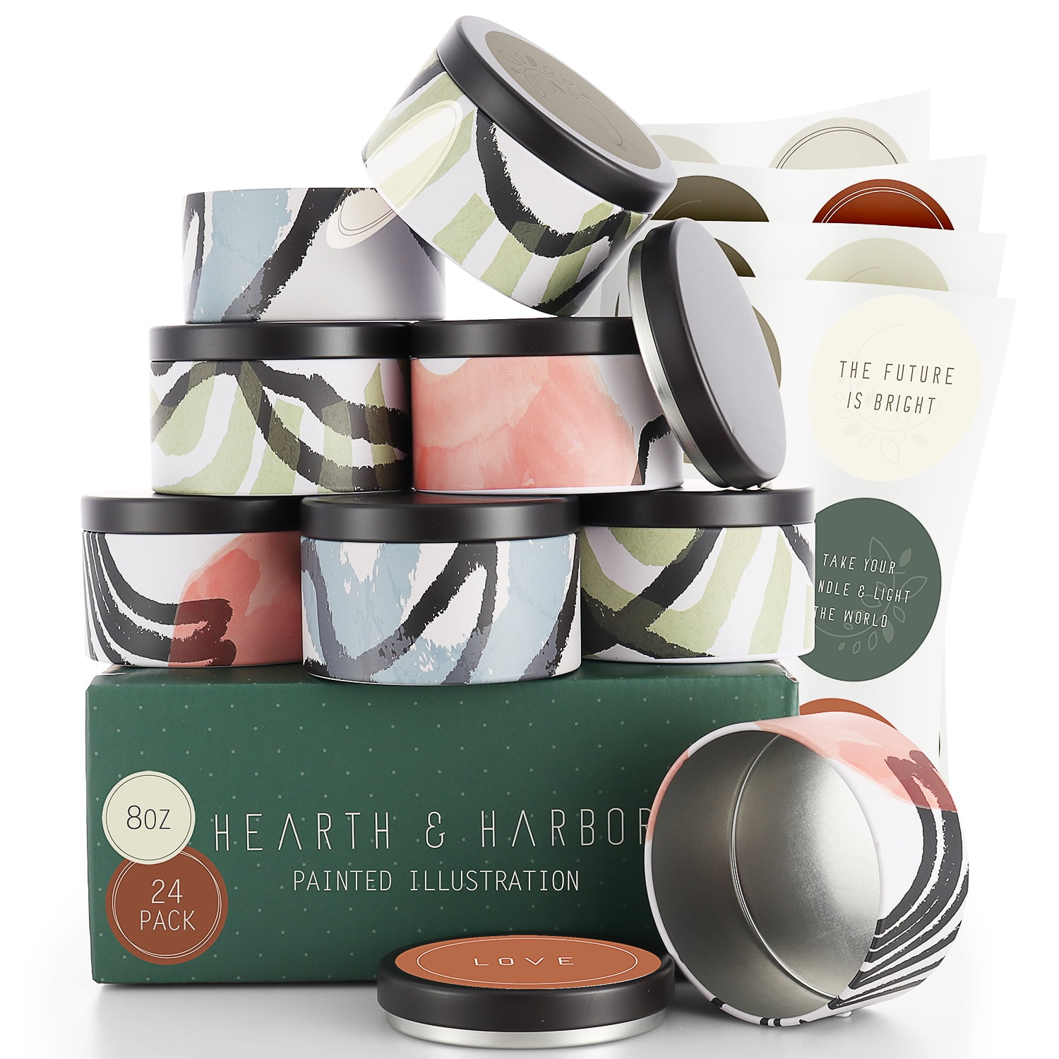 Hearth & Harbor 8 Oz, 24 Pack Painted Illustration DIY Candle Containers with Lids - Tin Candle Jars for Making Candles - Metal Candle Jars - Bulk Tins Storage for Candle