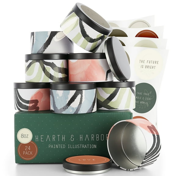 Hearth & Harbor 8 Oz, 24 Pack Painted Illustration DIY Candle Containers with Lids - Tin Candle Jars for Making Candles - Metal Candle Jars - Bulk Tins Storage for Candle