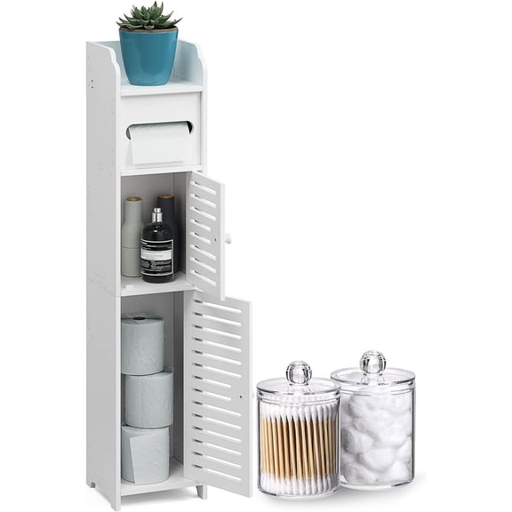 Hearth & Harbor Bathroom Storage Organizer with Cabinet, 2 Apothecary Jars, Shelf Organizer, White