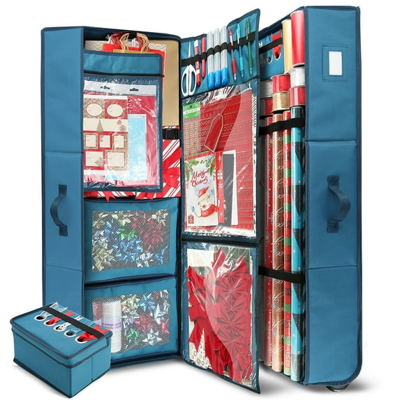Hearth & Harbor Christmas Wrapping Paper Storage Organizer Container - Under-Bed Storage Box for Holiday Storage & Accessories Blue New Design