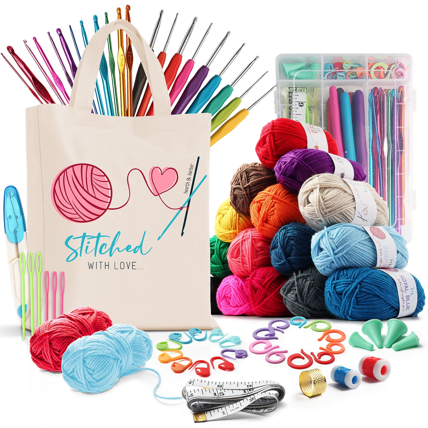 Hearth & Harbor Crochet Kit with Crochet Hooks Yarn Set 73 Piece - Premium Bundle Includes Yarn Balls, Needles, Accessories Kit, Canvas Tote Bag 