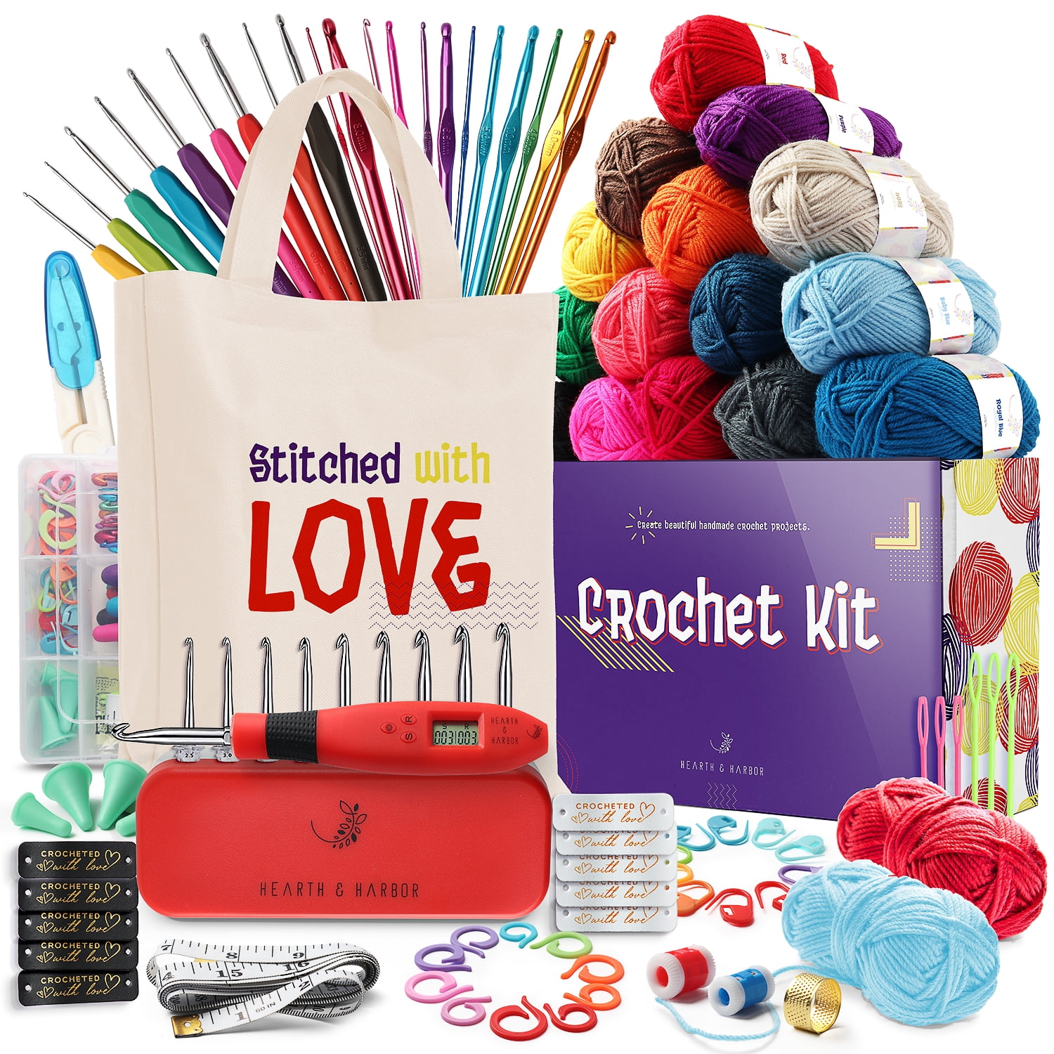 Hearth & Harbor Crochet Kit with Ergonomic Counter and 20 Spools of Yarn, 96 Pieces