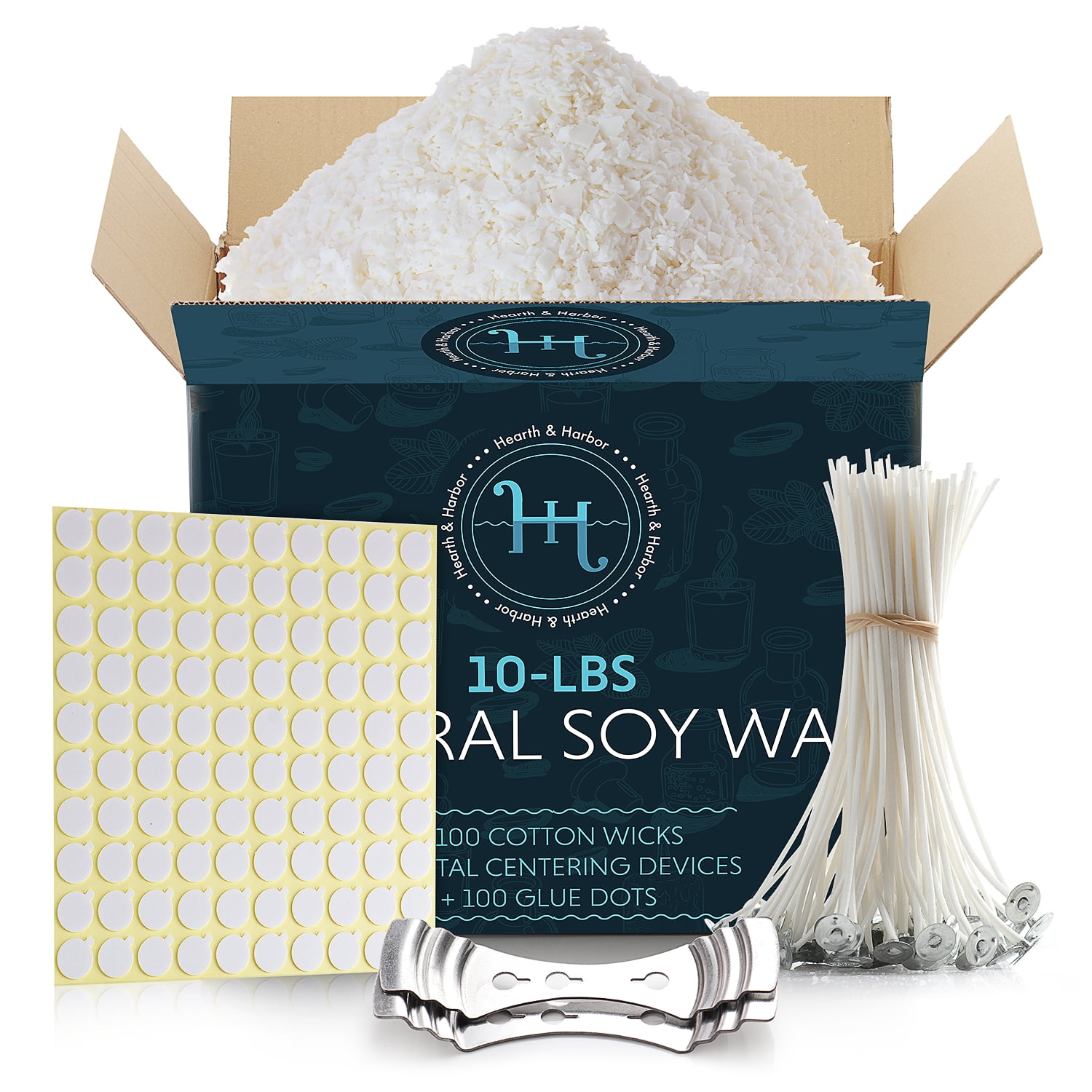 Hearts and Crafts Soy Wax and DIY Candle Making Supplies | 10lb Bag with  100 6-Inch Pre-Waxed Wicks, 2 Centering Devices 10 lbs