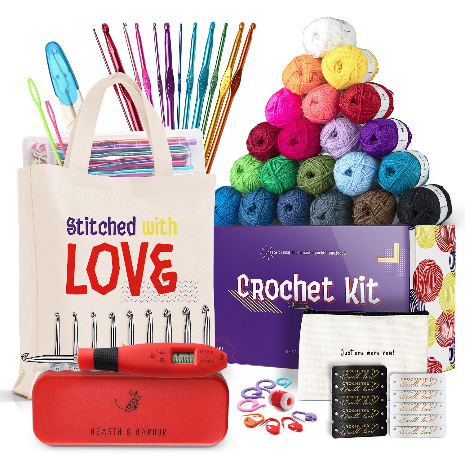 Hearth & Harbor 43 Piece Small Crochet Kit for Beginners Adults and Kids with 9 Crochet Hooks Set and 55 Yards of Yarn for Crocheting Set, Canva