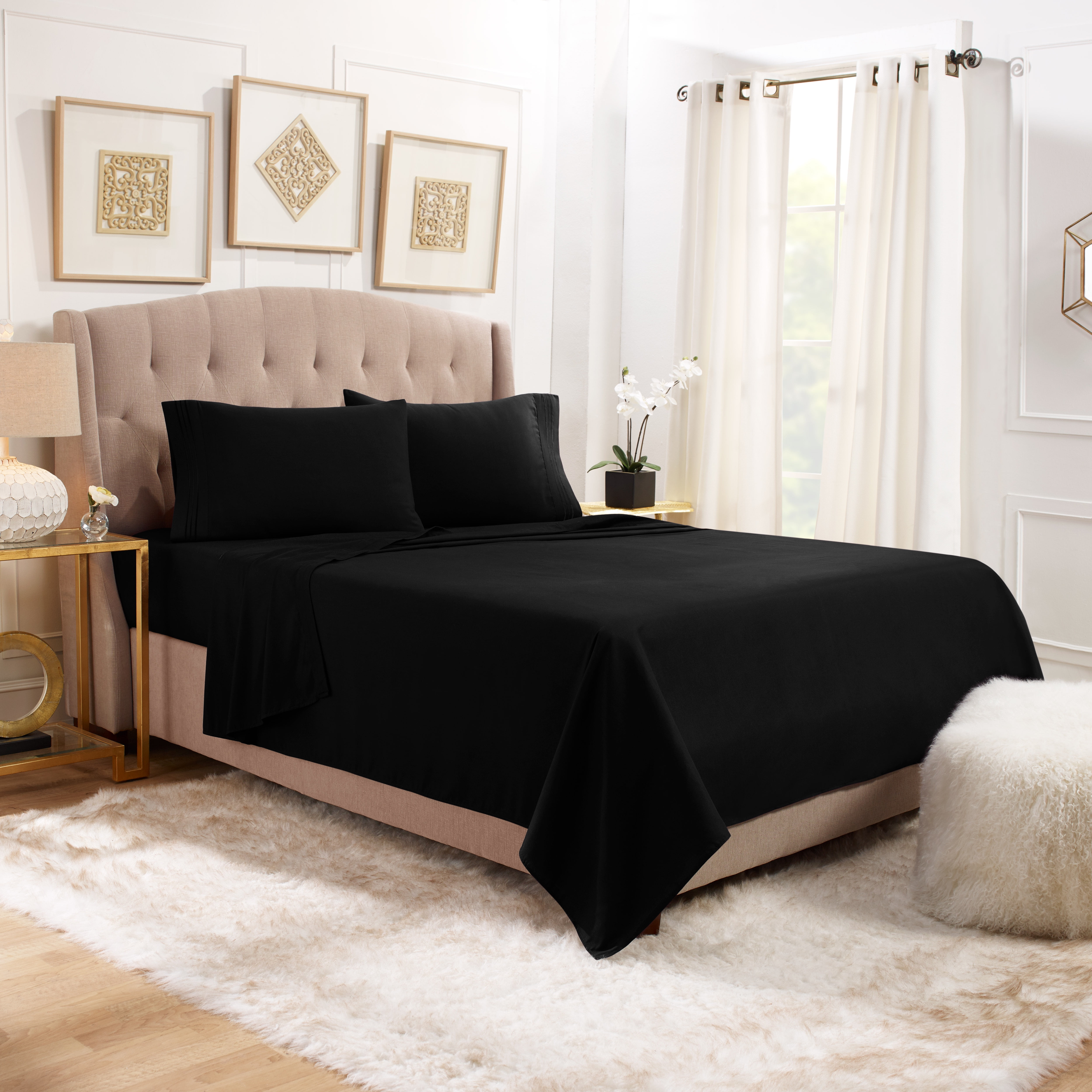 Hearth & Harbor Deep Pocket 3 Piece Solid Bed Sheet Set, 1800 Thread Count Microfiber Sheets, Twin, Black