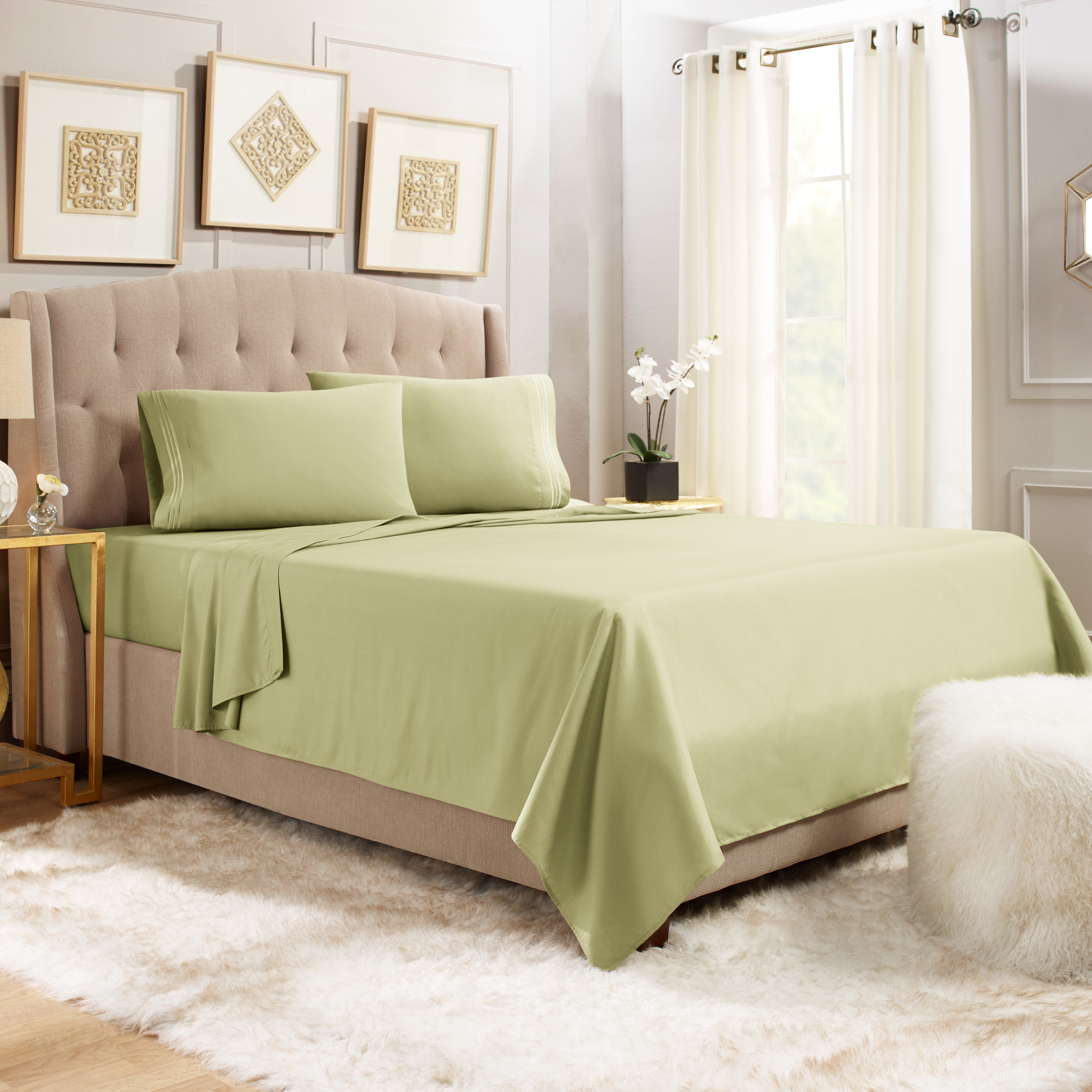 Hearth & Harbor Deep Pocket 3 Piece Solid Bed Sheet Set, 1800 Thread Count Microfiber Sheets, Twin, Sage