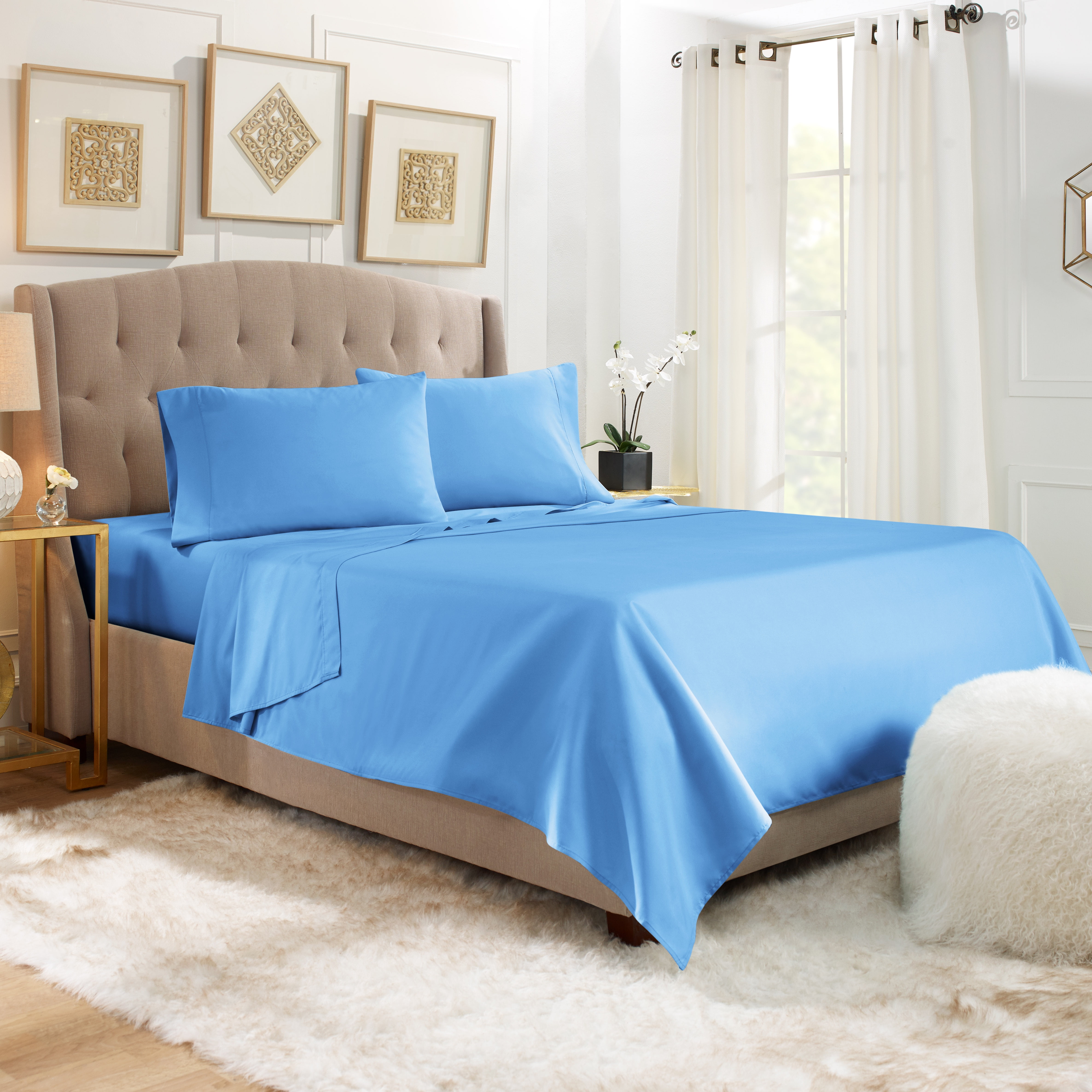 Hearth & Harbor Deep Pocket 3 Piece Solid Bed Sheet Set, 1800 Thread Count Microfiber Sheets, Twin-XL, Calm Blue