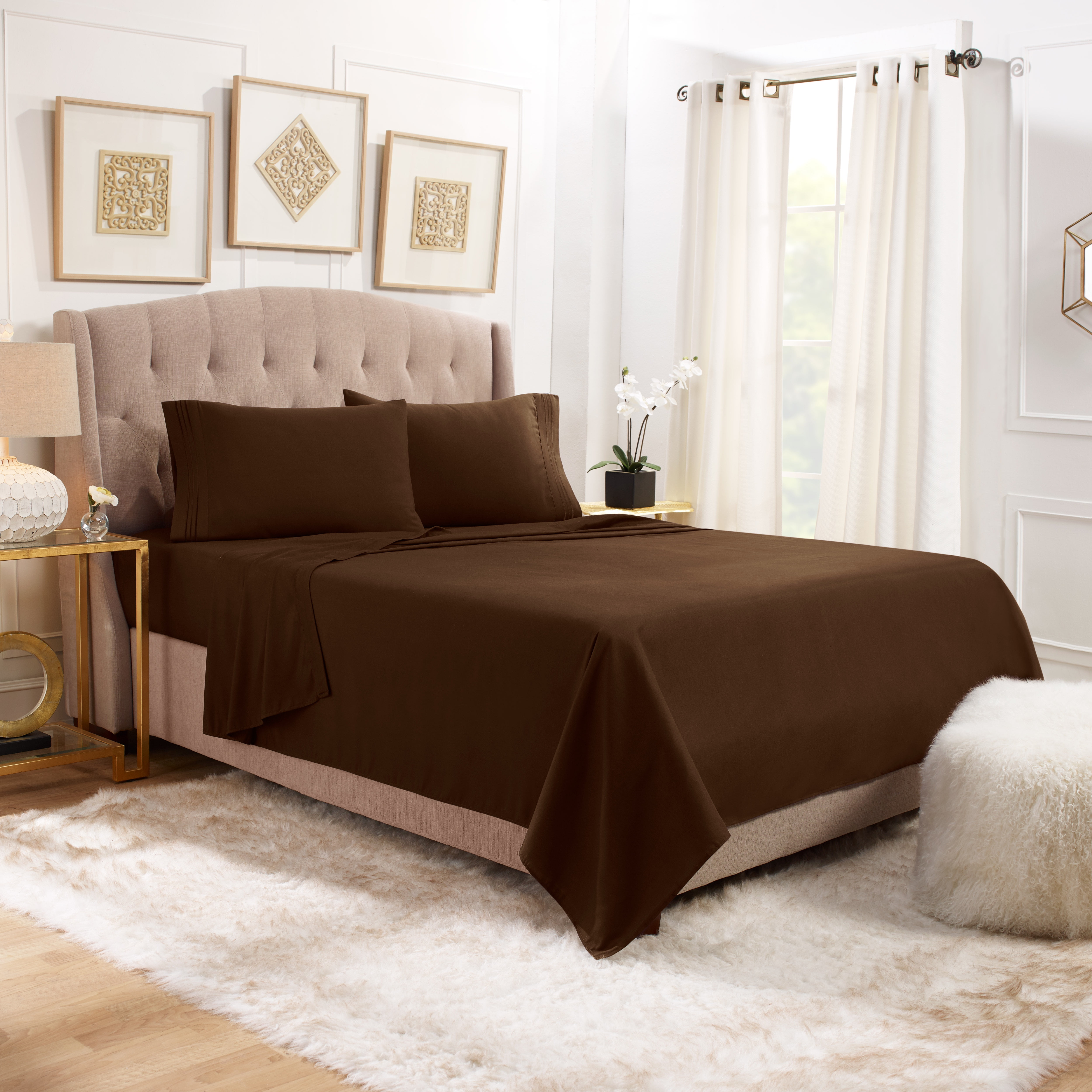 Hearth & Harbor Deep Pocket 3 Piece Solid Bed Sheet Set, 1800 Thread Count Microfiber Sheets, Twin-XL, Chocolate