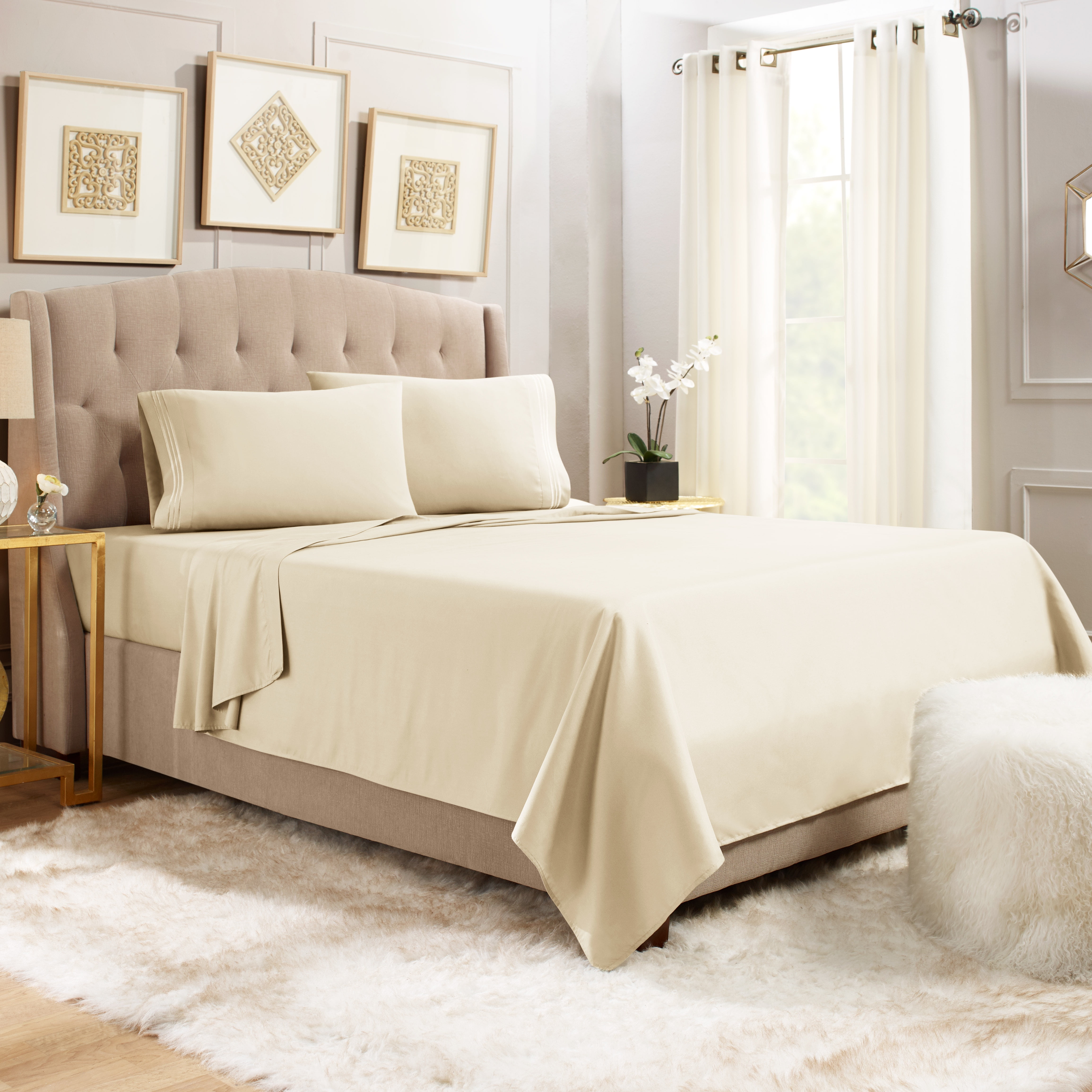 Hearth & Harbor Deep Pocket 3 Piece Solid Bed Sheet Set, 1800 Thread Count Microfiber Sheets, Twin-XL, Cream