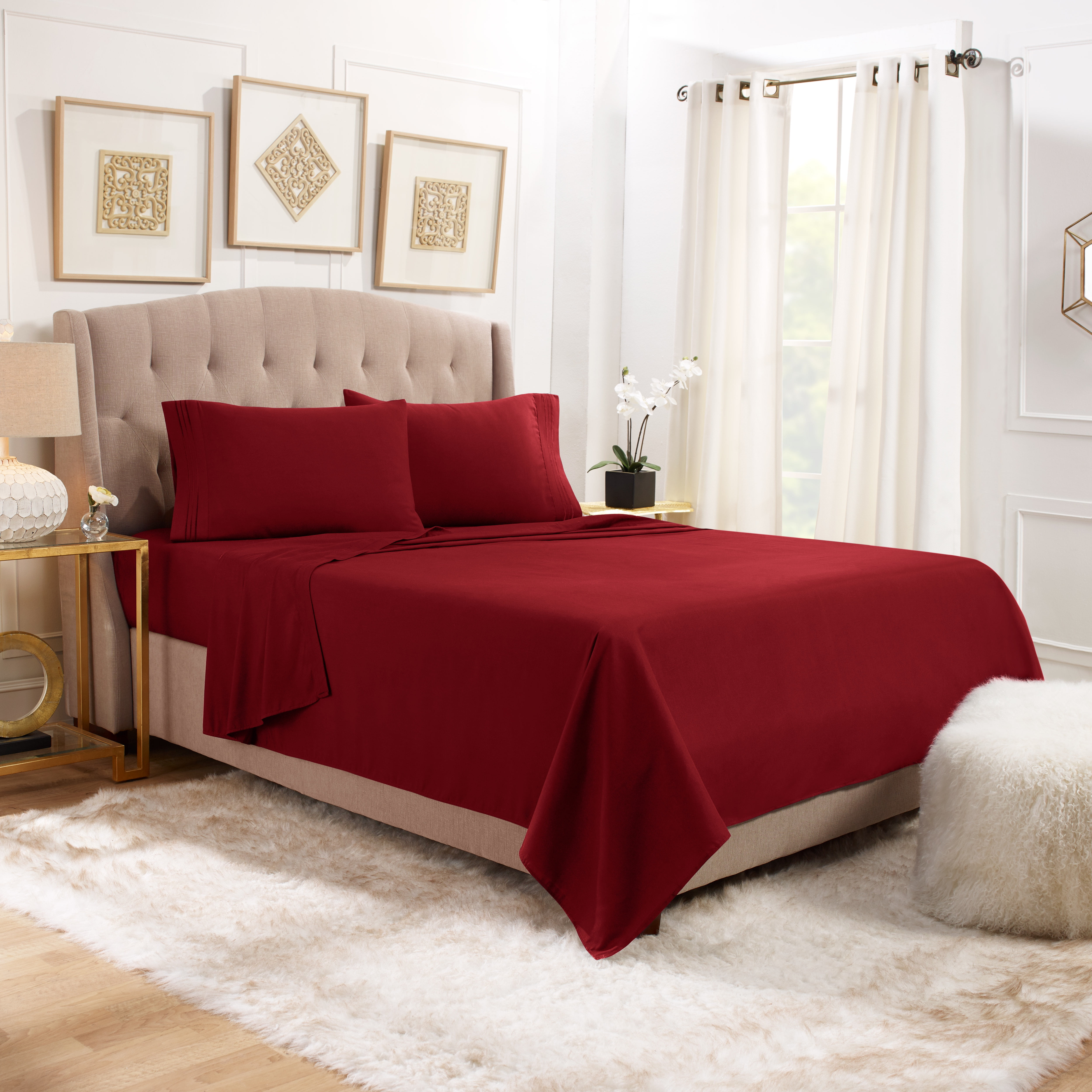 Hearth & Harbor Deep Pocket 4 Piece Solid Bed Sheet Set, 1800 Thread Count Microfiber Sheets, Full, Burgundy