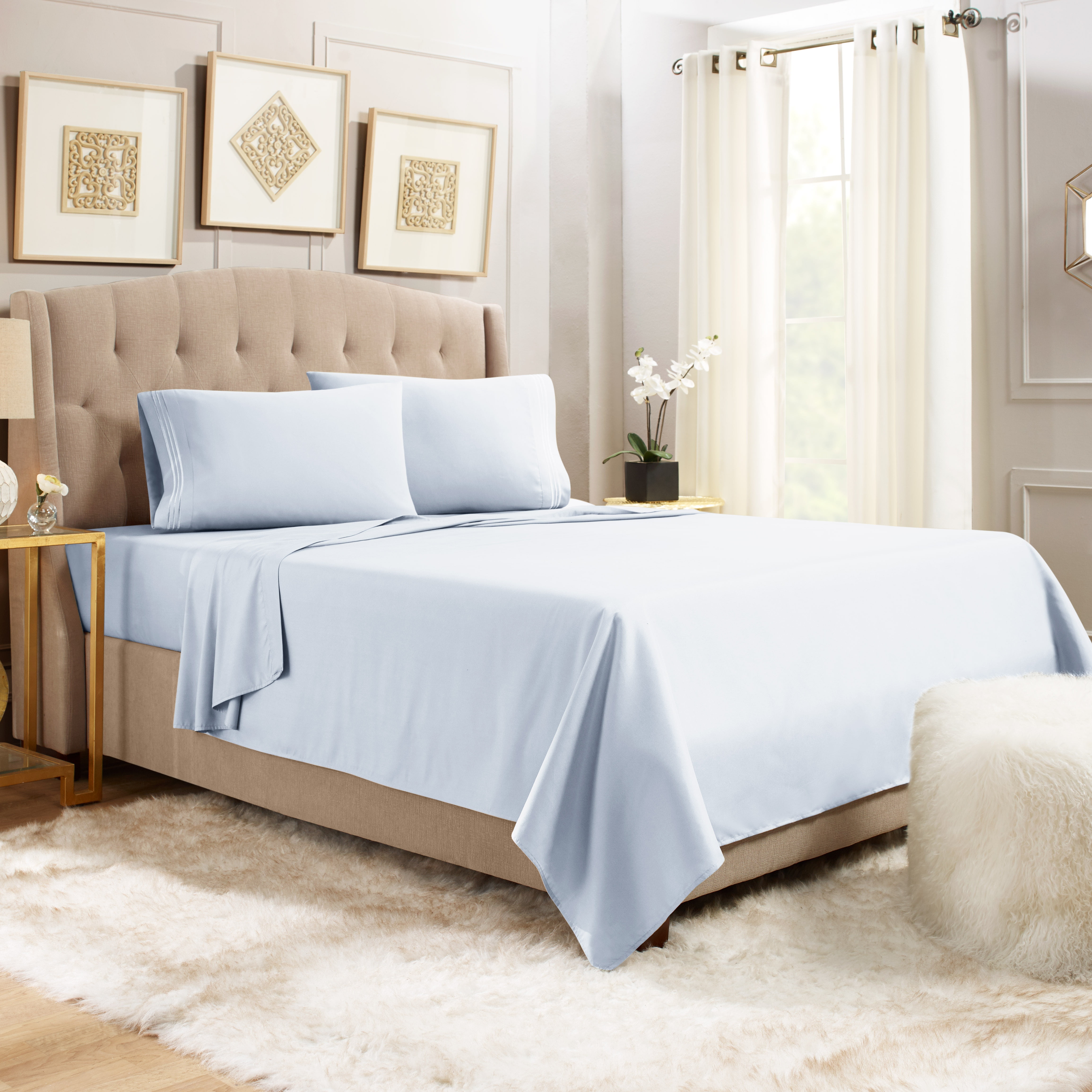 Hearth & Harbor Deep Pocket 4 Piece Solid Bed Sheet Set, 1800 Thread Count Microfiber Sheets, Full, Ice Blue