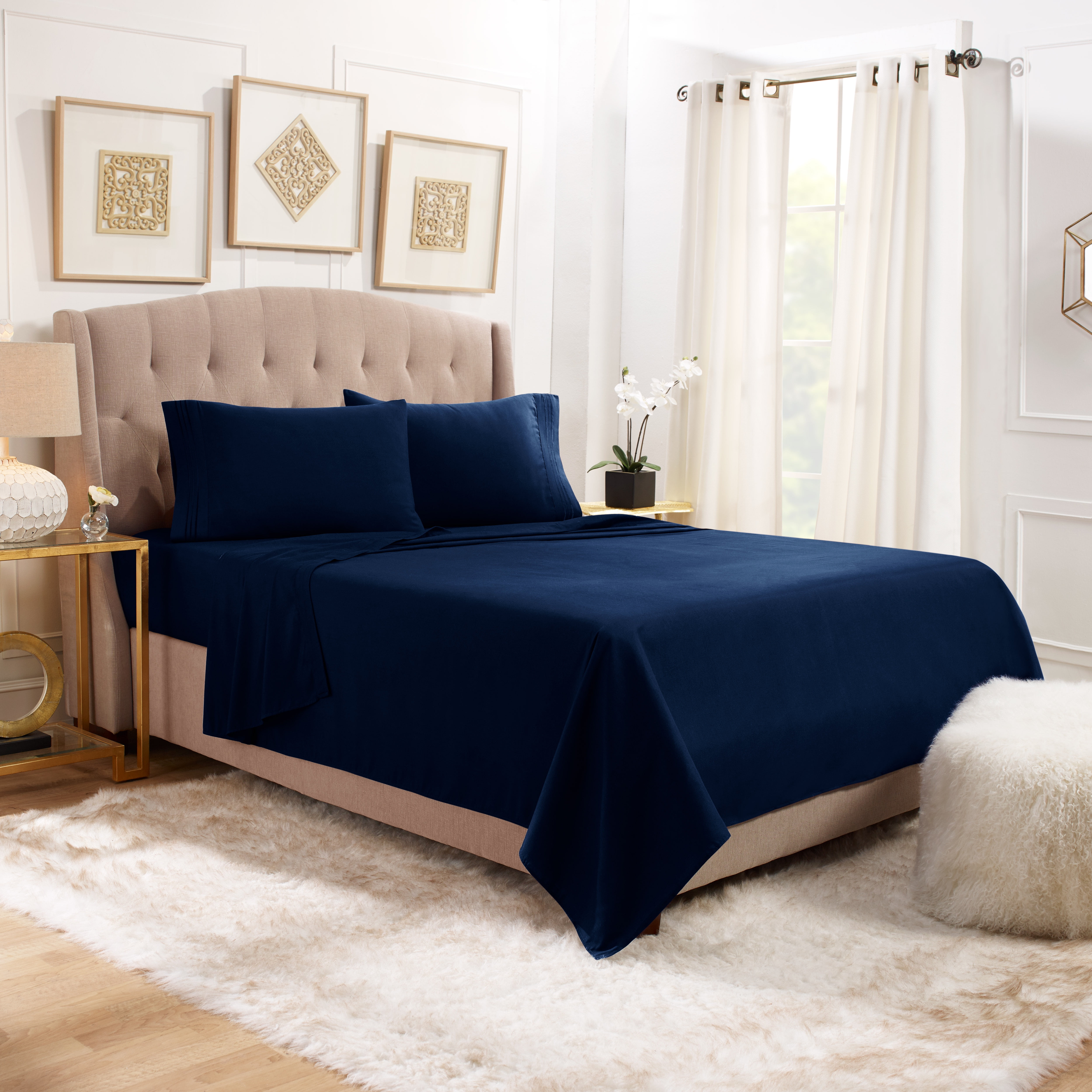 Hearth & Harbor Deep Pocket 4 Piece Solid Bed Sheet Set, 1800 Thread Count Microfiber Sheets, Full, Navy Blue