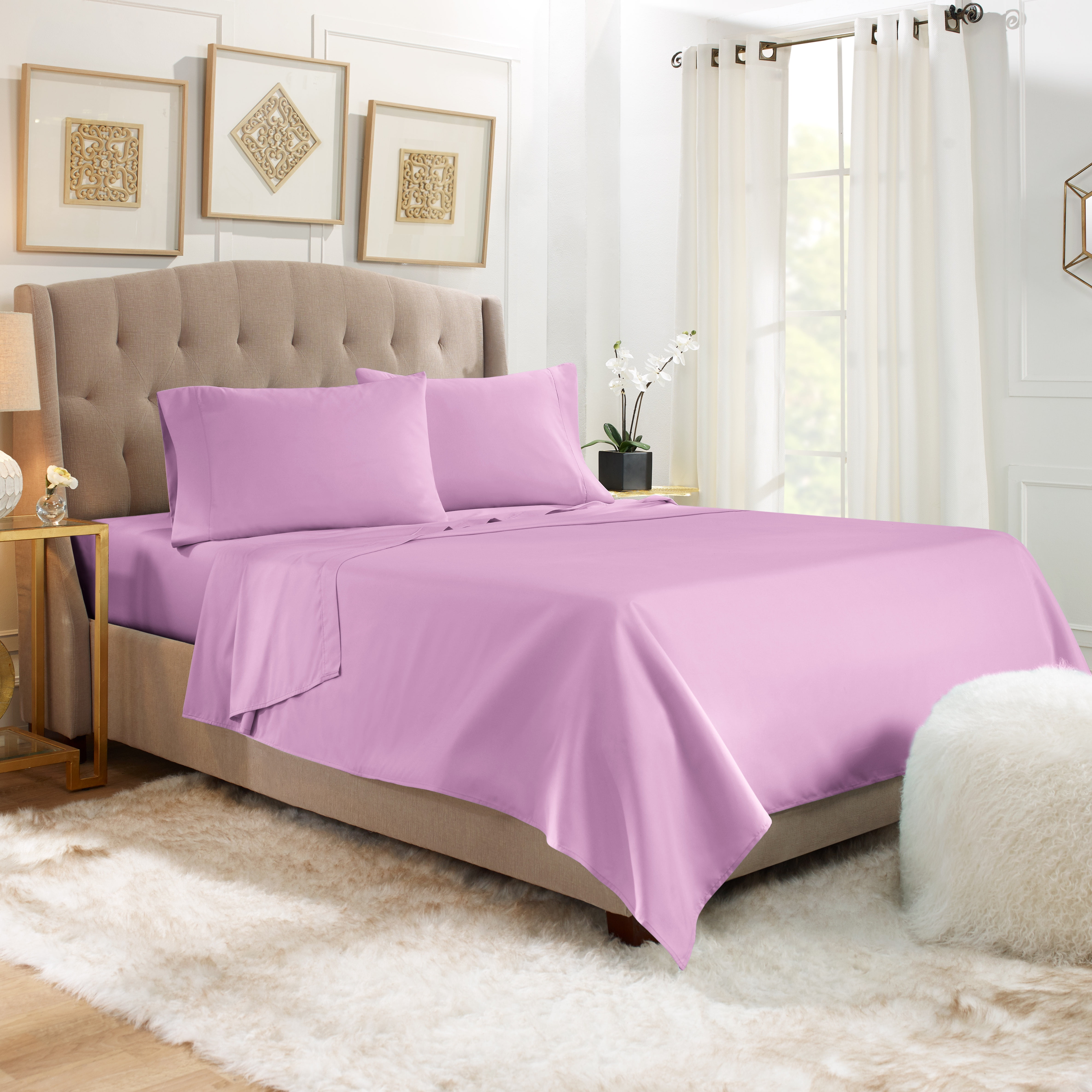 Hearth & Harbor Deep Pocket 4 Piece Solid Bed Sheet Set, 1800 Thread Count Microfiber Sheets, Queen, Gray Lavender