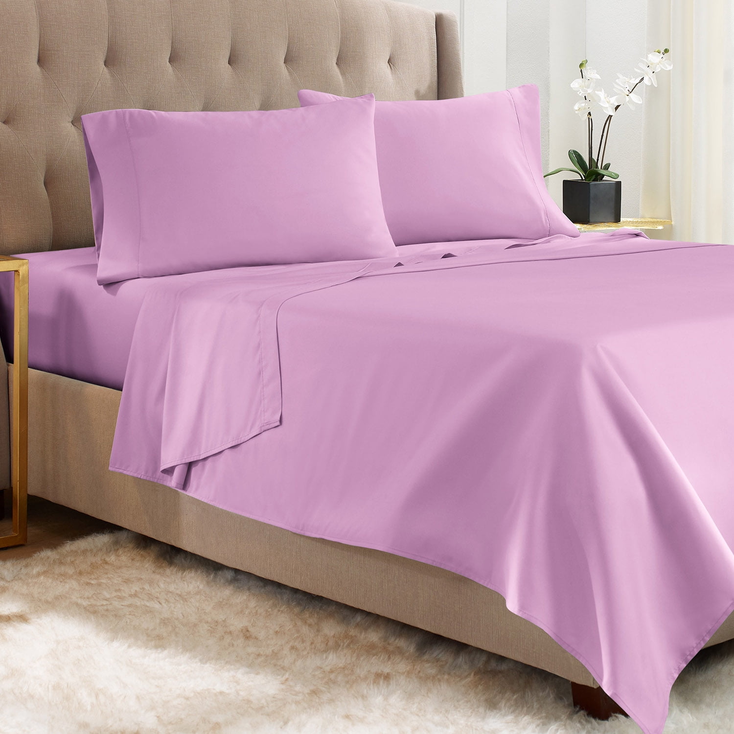 Hearth & Harbor Deep Pocket 4 Piece Solid Bed Sheet Set, 1800 Thread Count Microfiber Sheets, Queen, Lavender Dream