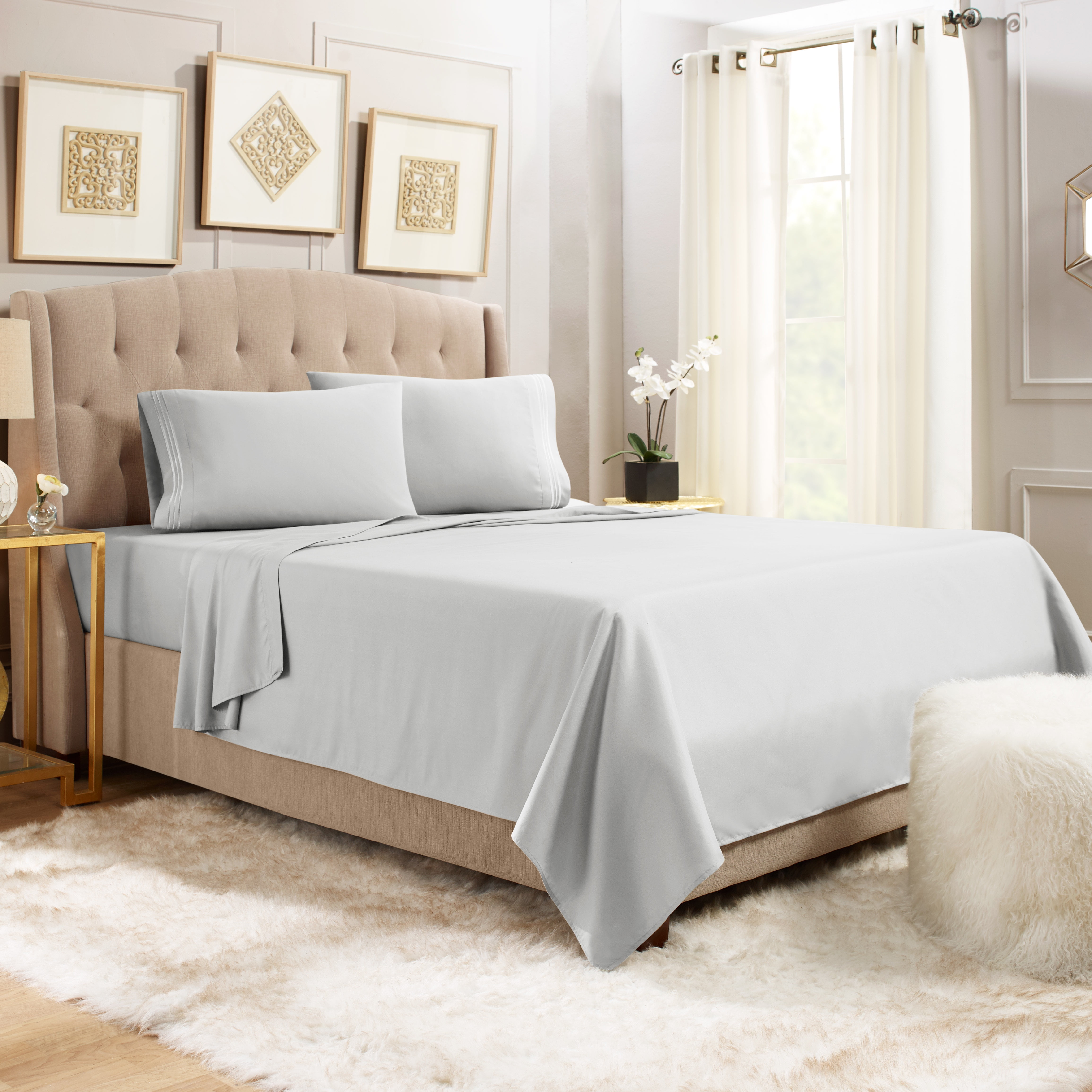 Hearth & Harbor Deep Pocket 4 Piece Solid Bed Sheet Set, 1800 Thread Count Microfiber Sheets, Queen, Silver