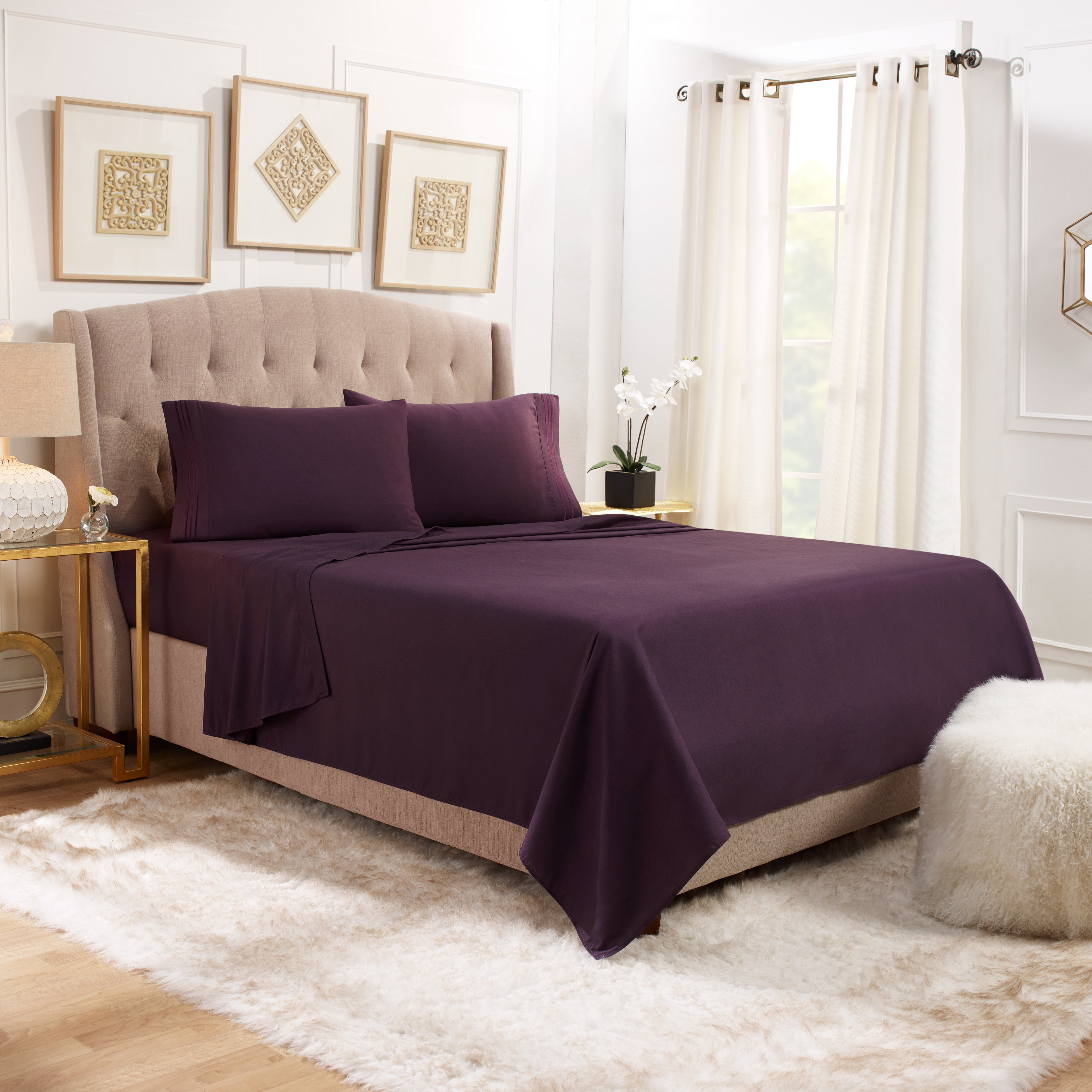 Hearth & Harbor Deep Pocket 5 Piece Solid Bed Sheet Set, 1800 Thread Count Microfiber Sheets, California King, Eggplant
