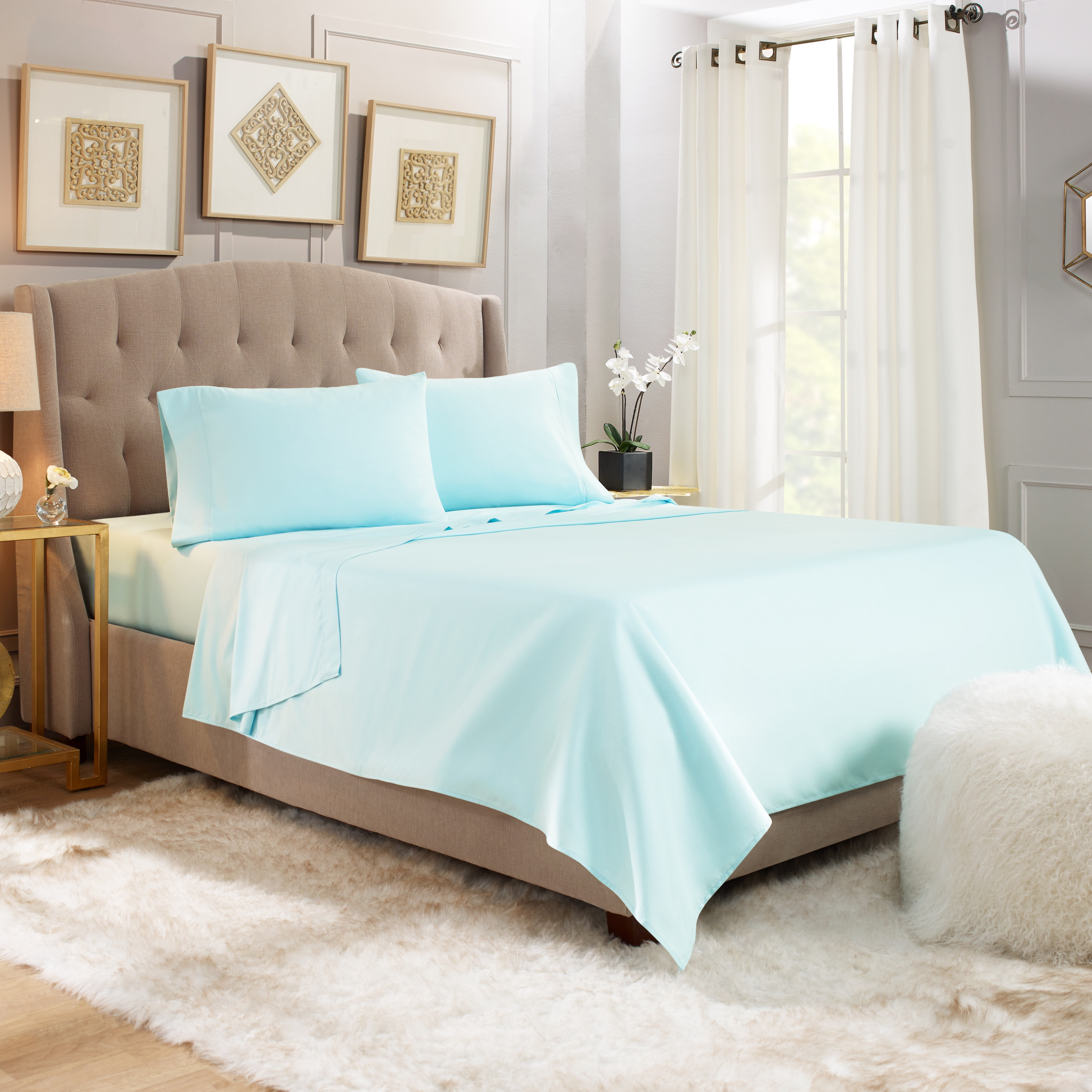 Hearth & Harbor Deep Pocket 5 Piece Solid Bed Sheet Set, 1800 Thread Count Microfiber Sheets, California King, Light Baby Blue