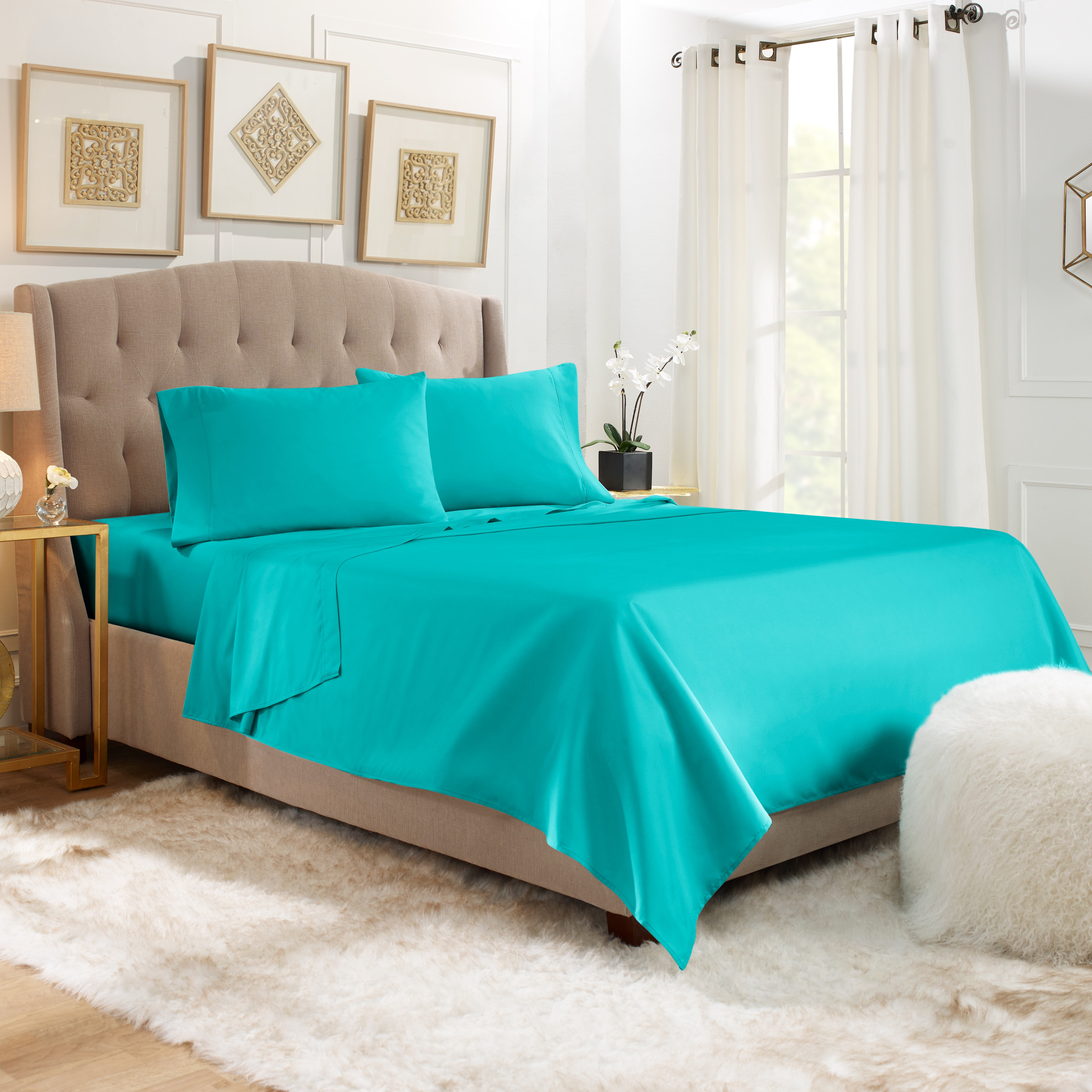 Hearth & Harbor Deep Pocket 5 Piece Solid Bed Sheet Set, 1800 Thread Count Microfiber Sheets, California King, Teal Blue