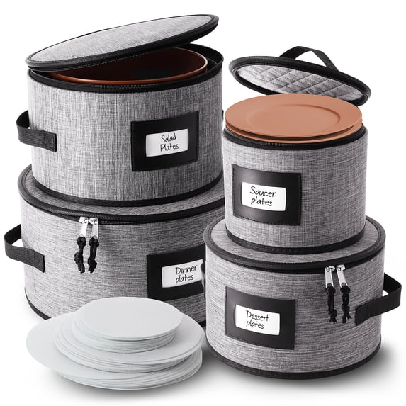 Hearth & Harbor Gray China Plate Storage, Dinnerware Storage Container Set, Securely Padded (4pc)