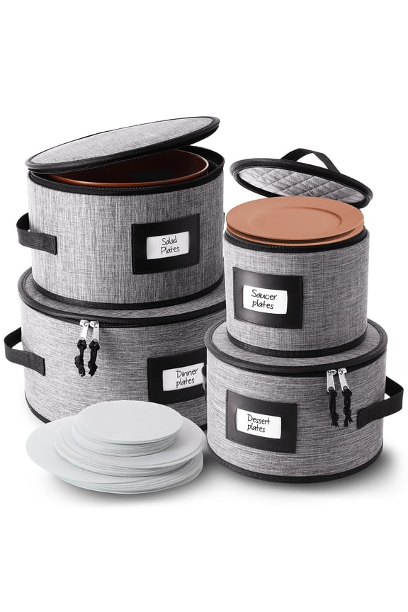Gray China Plate Storage, Dinnerware Storage Container Set, Securely Padded (4pc)