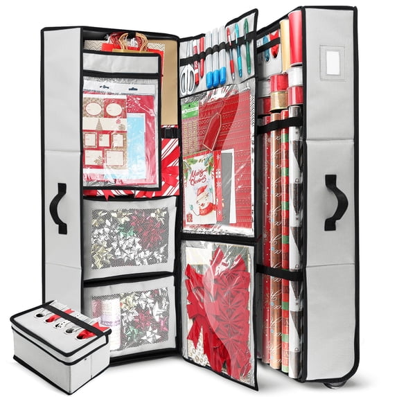 Hearth & Harbor Christmas Wrapping Paper Storage with Extra Christmas Storage Bins and Ribbon Storage Organizer, Gift Wrap Organizer with Wheels - Fits Up to 30 Rolls of 40", Silver