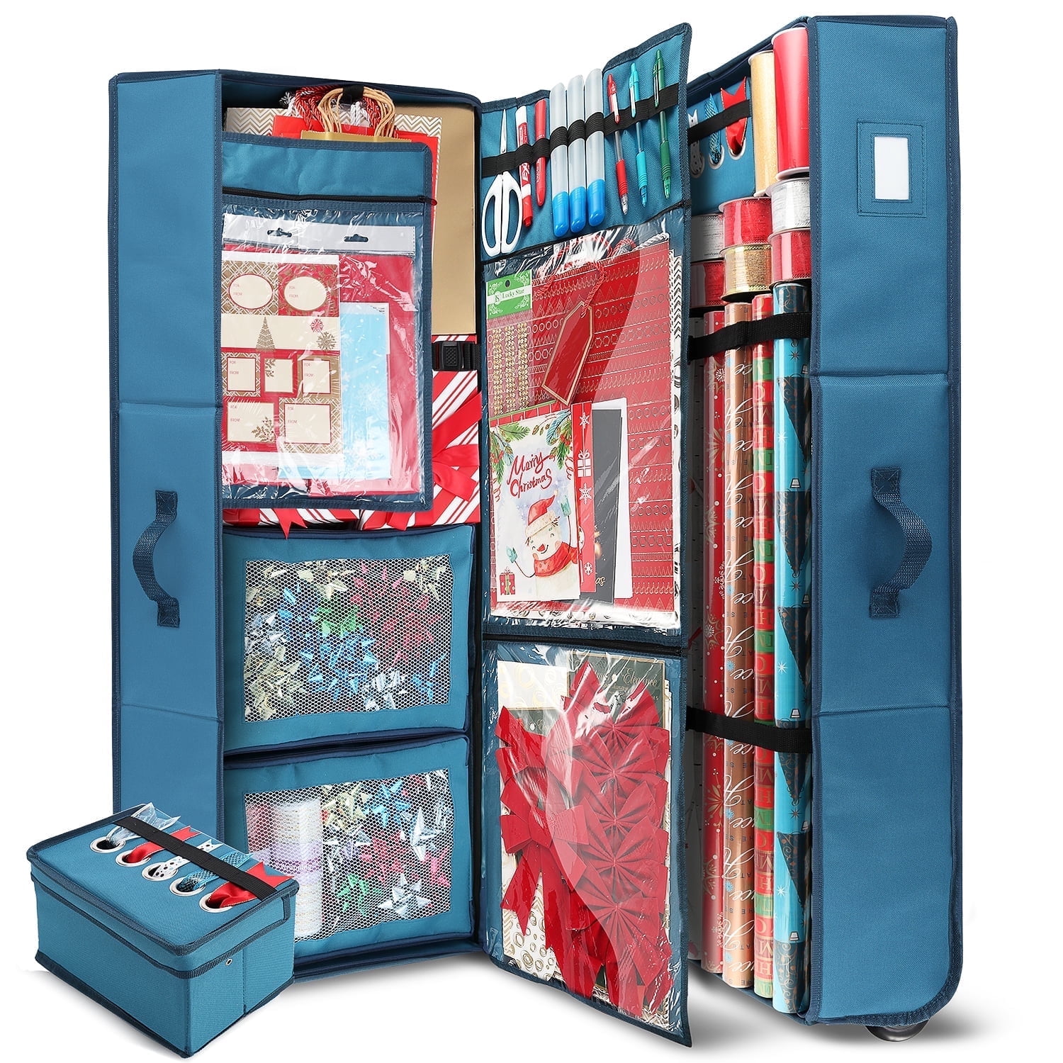 Hearth & Harbor Christmas Wrapping Paper Storage with Extra Christmas Storage Bins and Ribbon Storage Organizer, Gift Wrap Organizer with Wheels - Fits Up to 30 Rolls of 40", Blue