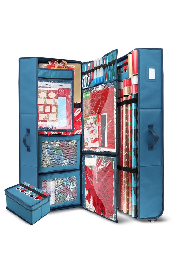 Christmas Wrapping Paper Storage with Extra Christmas Storage Bins and Ribbon Storage Organizer, Gift Wrap Organizer with Wheels - Fits Up to 30 Rolls of 40", Blue