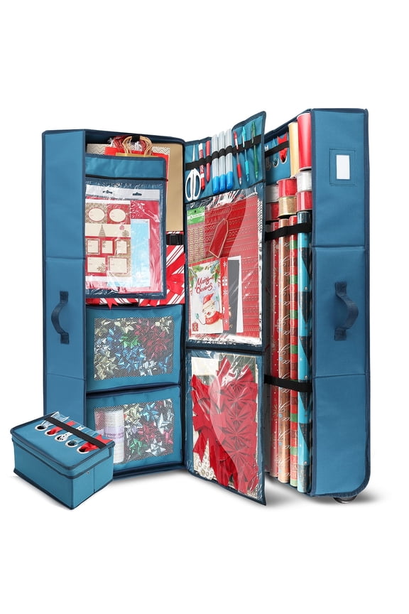 Christmas Wrapping Paper Storage with Extra Christmas Storage Bins and Ribbon Storage Organizer, Gift Wrap Organizer with Wheels - Fits Up to 30 Rolls of 40", Blue