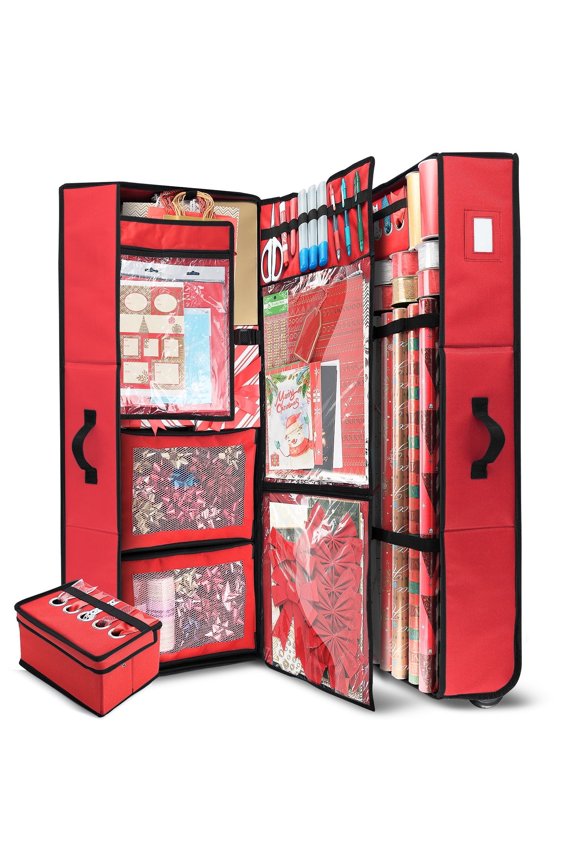 Christmas Wrapping Paper Storage with Extra Christmas Storage Bins and Ribbon Storage Organizer, Gift Wrap Organizer with Wheels - Fits Up to 30 Rolls of 40", Red