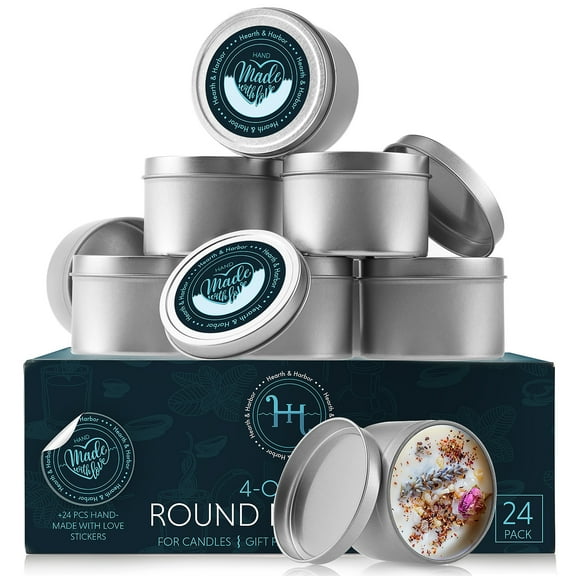 Hearth & Harbor Metal Round Candle Tins with Lids 4 oz, Candle Containers for Candle Making with Custom Sticker for Lids - 24 Pack