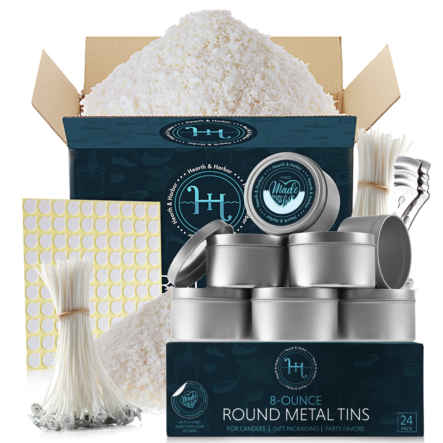 Hearth & Harbor Natural Soy Wax and DIY Candle Making Supplies - 10 Lbs. Soy Candle Wax Flakes, Candle Tin Cans with Lid 24 Pack - 8 oz., 100 Cotton Wicks, and 2 Metal Centering Device