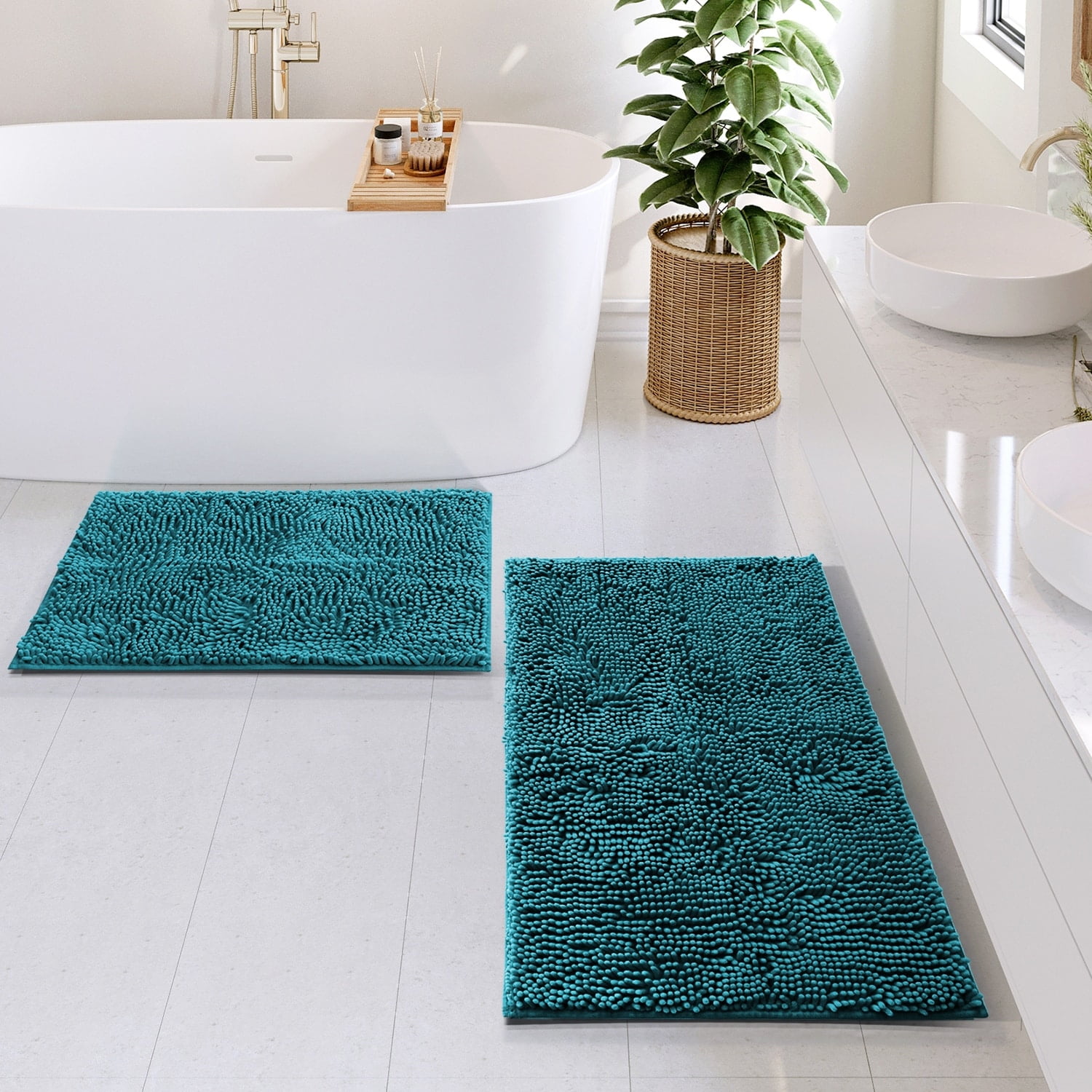 Teal Chenille Non-Slip Bathroom Rug Set 17x24 and 20x32