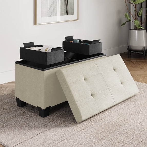 Hearth & Harbor Ottoman Storage Bench, 30" Ottoman with Storage,White Linen