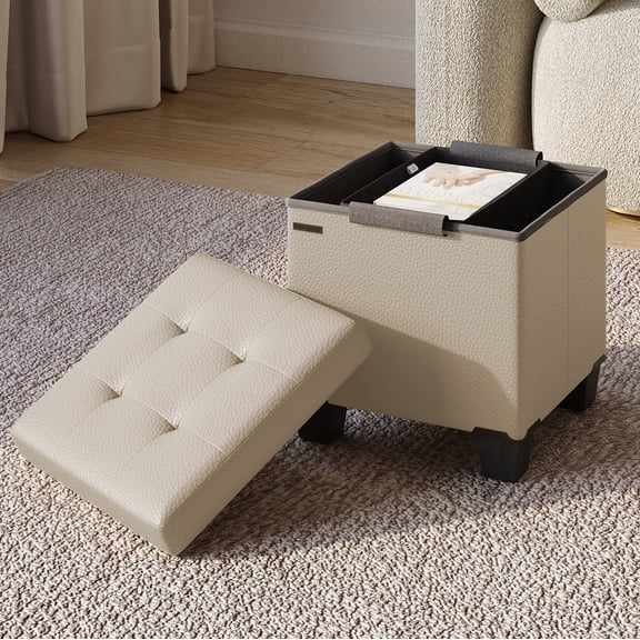 Hearth & Harbor Ottoman Storage Bench, Faux Leather 15" Foot Stool Ottoman With Storage, Beige
