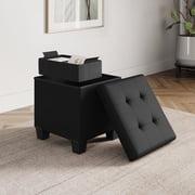 Hearth & Harbor Ottoman Storage Bench, Faux Leather 15 Foot Stool Ottoman with Storage, Black