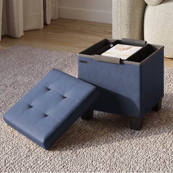 Hearth & Harbor Ottoman Storage Bench, Faux Leather 15" Foot Stool Ottoman With Storage, Blue