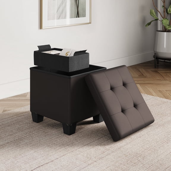 Hearth & Harbor Ottoman Storage Bench, Faux Leather 15" Foot Stool Ottoman with Storage, Brown