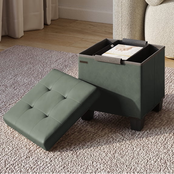 Hearth & Harbor Ottoman Storage Bench, Faux Leather 15" Foot Stool Ottoman With Storage, Green