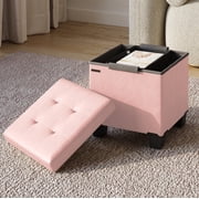 Hearth & Harbor Ottoman Storage Bench, Faux Leather 15" Foot Stool Ottoman With Storage, Pink