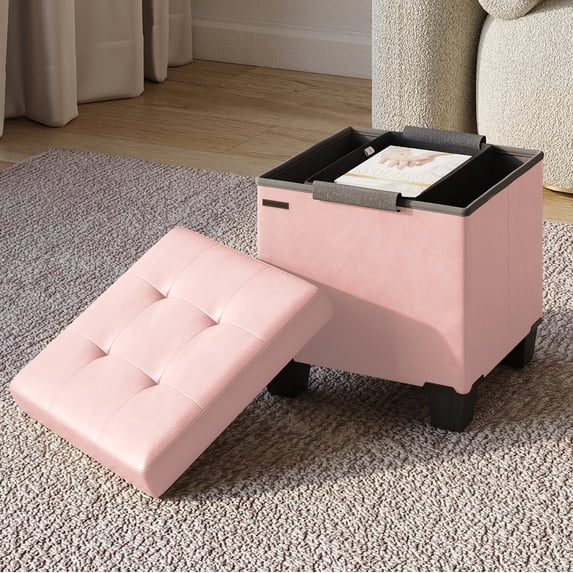 Hearth & Harbor Ottoman Storage Bench, Faux Leather 15" Foot Stool Ottoman With Storage, Pink